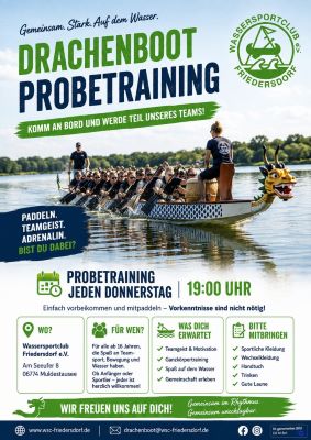 Vorschaubild des Flyers zum Drachenboot Probetraining Donnerstag 19:00 Uhr