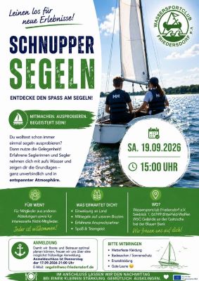 Vorschaubild des Flyers zum Schnuppersegeln am 19.09.2026 15 Uhr